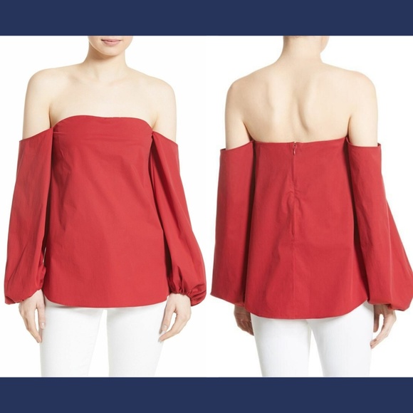 NWT $295 Theory Laureema Poplin Off the Shoulder Top in Crimson Red [SZ 8‎ ] - Picture 1 of 8
